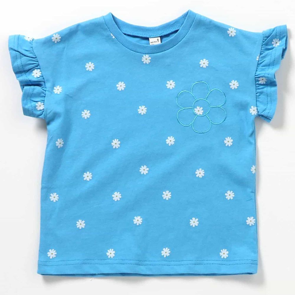 荷葉摺邊女孩短袖上衣-小白花-水藍