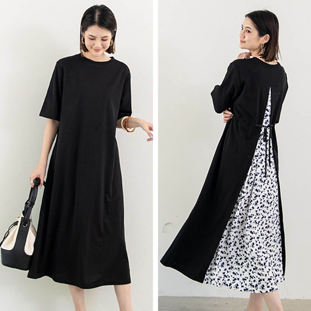氣質顯瘦A字五分袖長洋裝-後拼接綁帶-黑+白底花 (F)