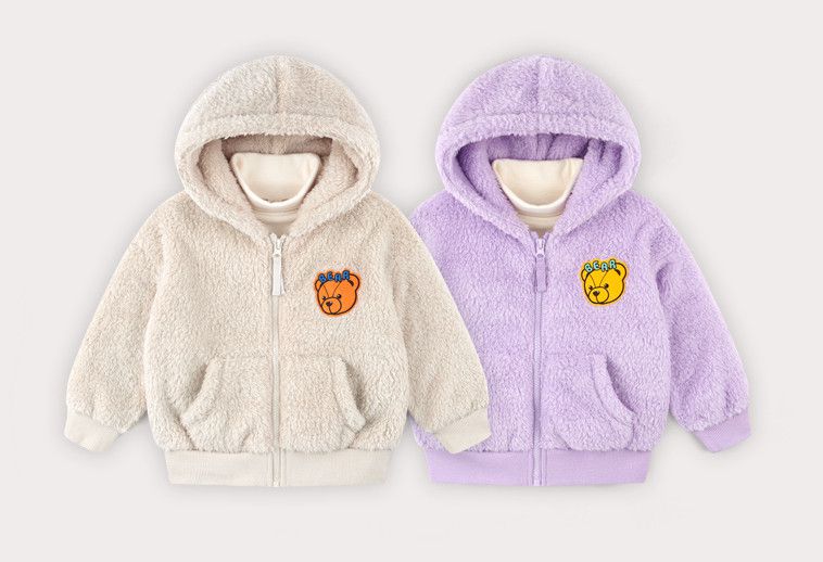 韓國 HEJMINI - 熊熊絨毛連帽夾克-卡其