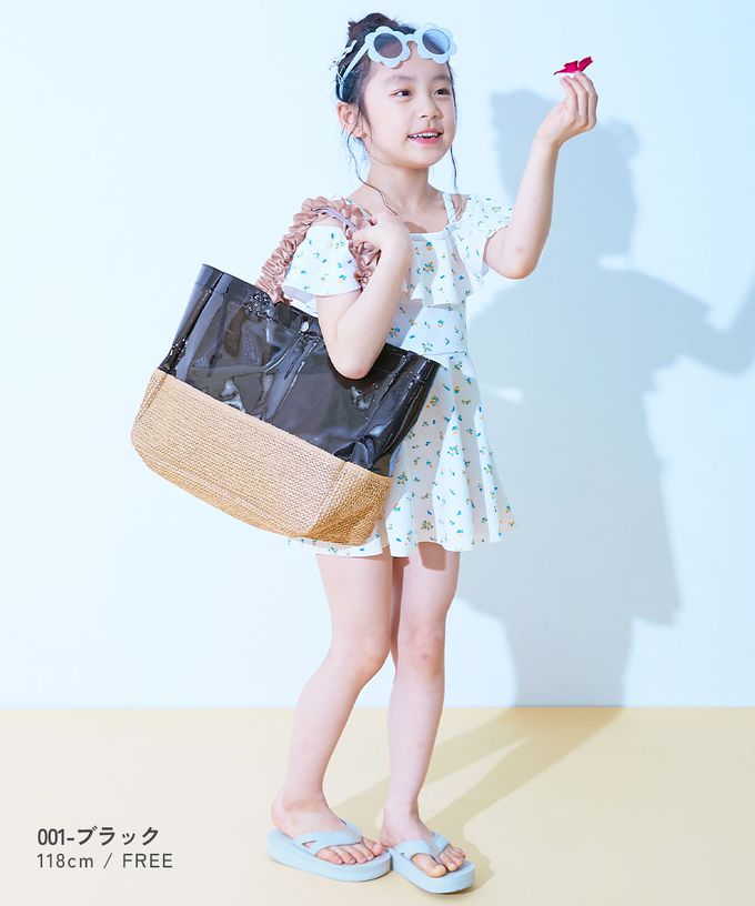 日本 devirock - 可愛荷葉邊大容量PVC防水游泳包-黑 (27.5x35x14cm)