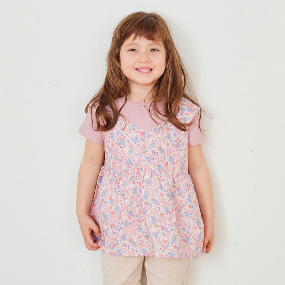 日本 evercloset - 假二件俏麗印花短袖上衣-小花-薄荷綠x黃