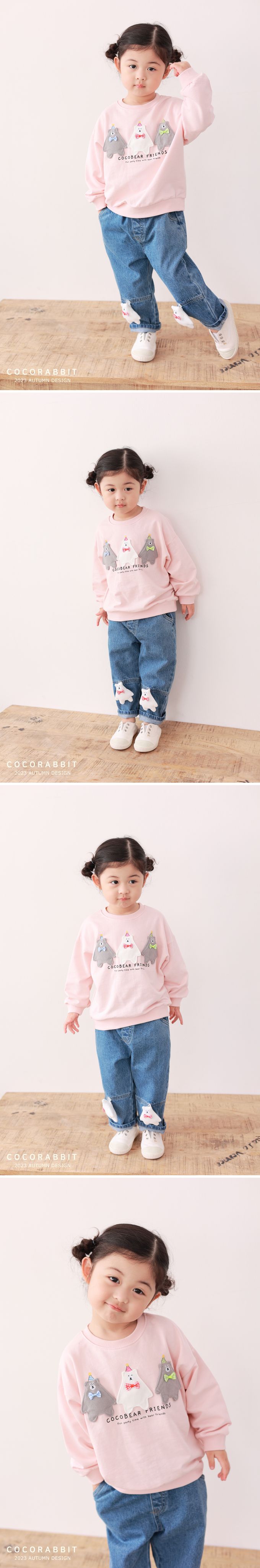 韓國 Coco rabbit - 絨布熊熊裝飾長袖大學T-粉