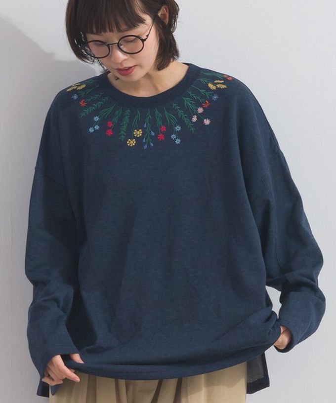 日本 Lupilien - 彩色刺繡花卉領裏毛長袖上衣-炭灰