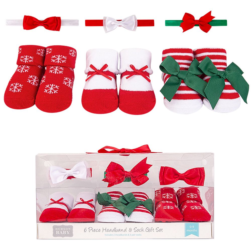 美國 luvable friends - 甜蜜寶貝3入嬰幼兒髮飾+3入嬰兒襪/寶寶襪/初生襪禮盒組-雪花精靈 (0-9M)