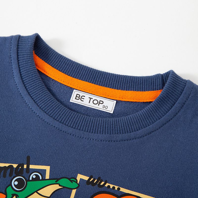 純棉圓領長袖上衣/大學T-漫畫動物框-灰藍色