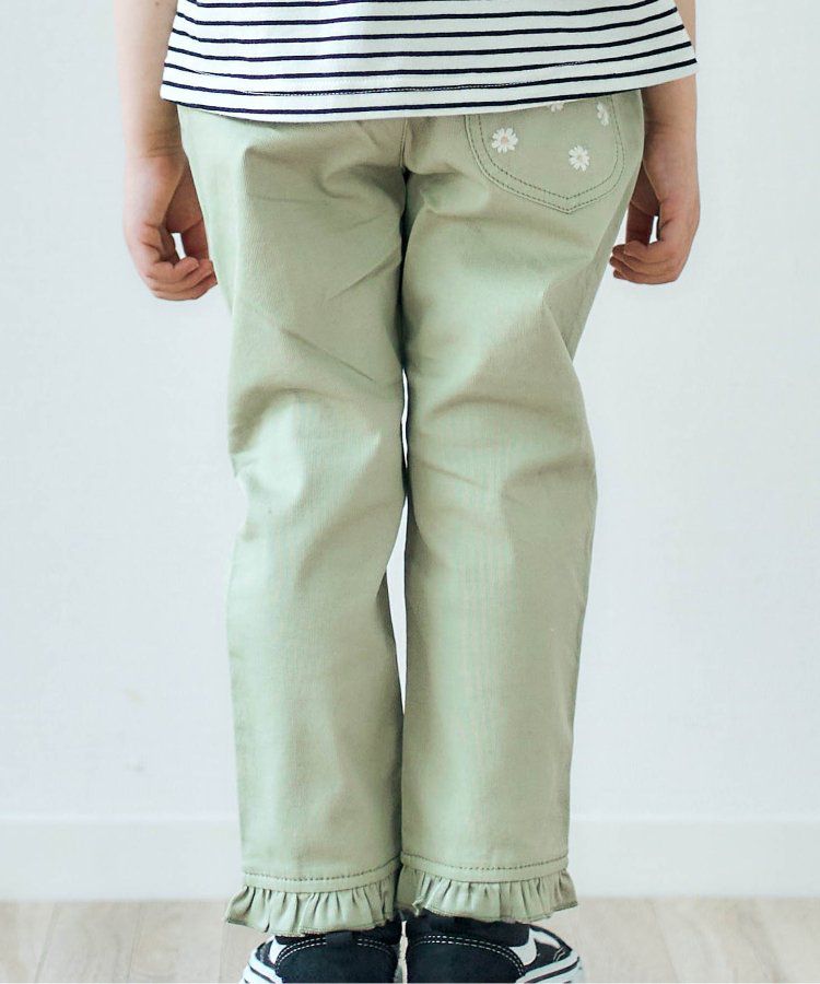 日本 apres les cours - 雛菊刺繡口袋下擺荷葉休閒九分褲-丹寧藍