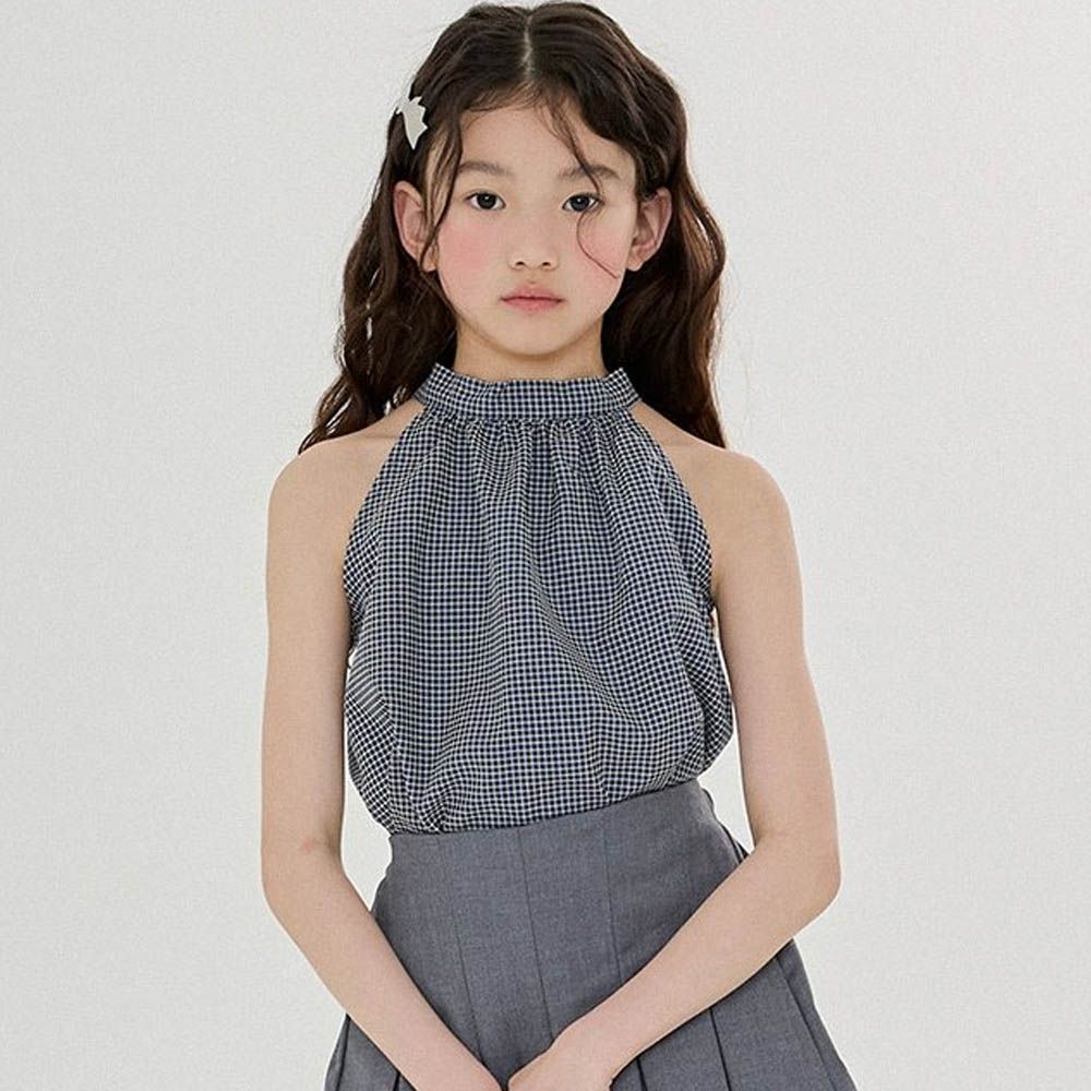 優雅綁帶抓褶削肩背心-細格紋
