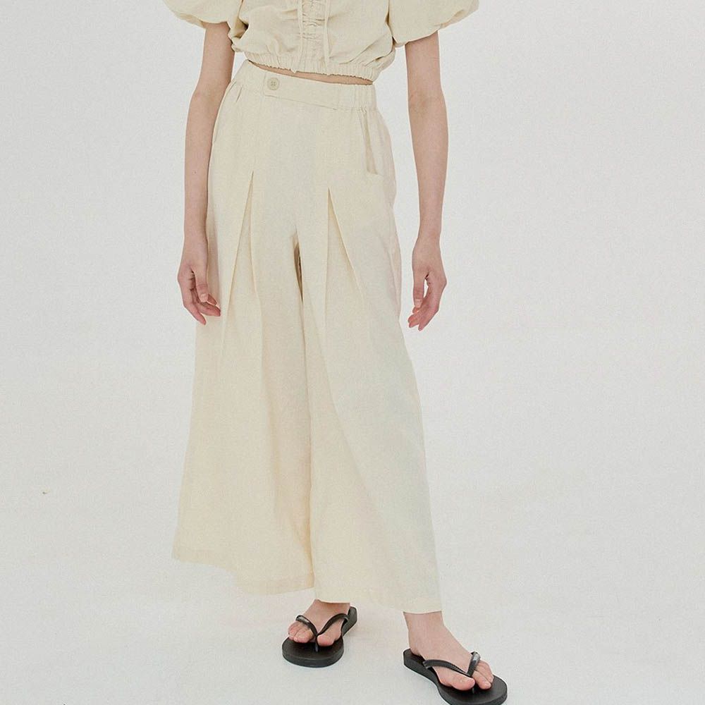 後鬆緊棉麻簡約打褶寬褲-米