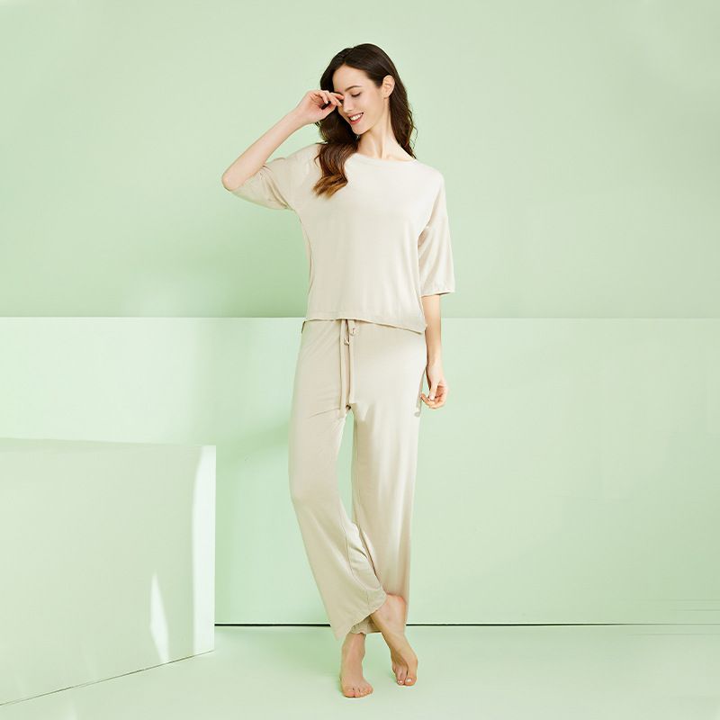 莫代爾寬鬆休閒睡衣套裝-杏色