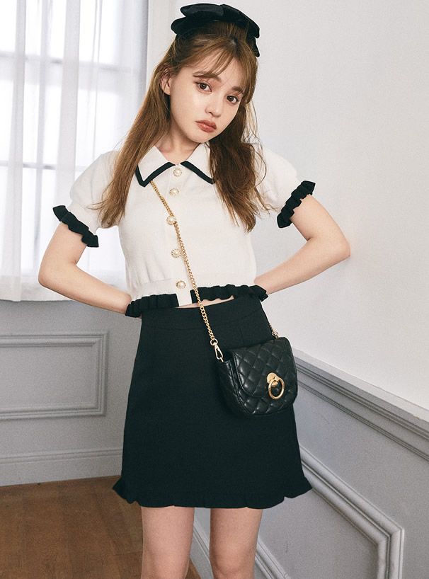 日本 GRL - 馬鞍形格紋金屬鏈小包/側背包-黑