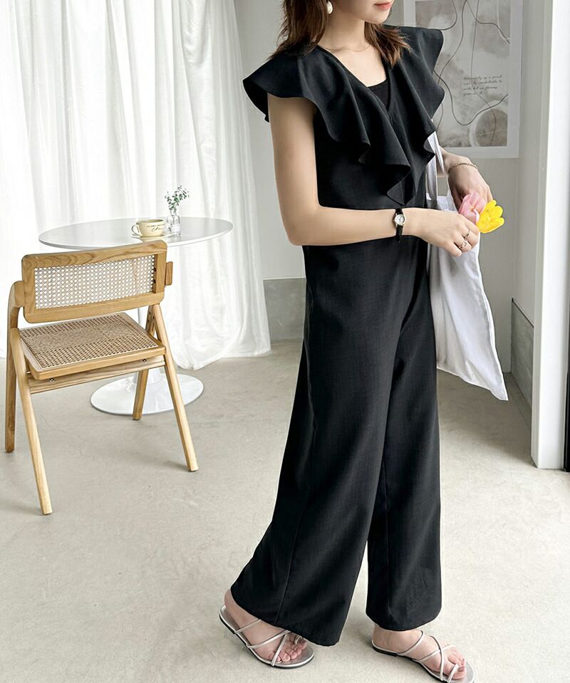 日本 Classical Elf - 浪漫荷葉V領無袖連身褲-摩卡