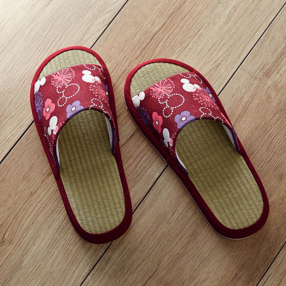 日本千趣會 - 迪士尼 涼感草編室內拖鞋-米奇花火-酒紅