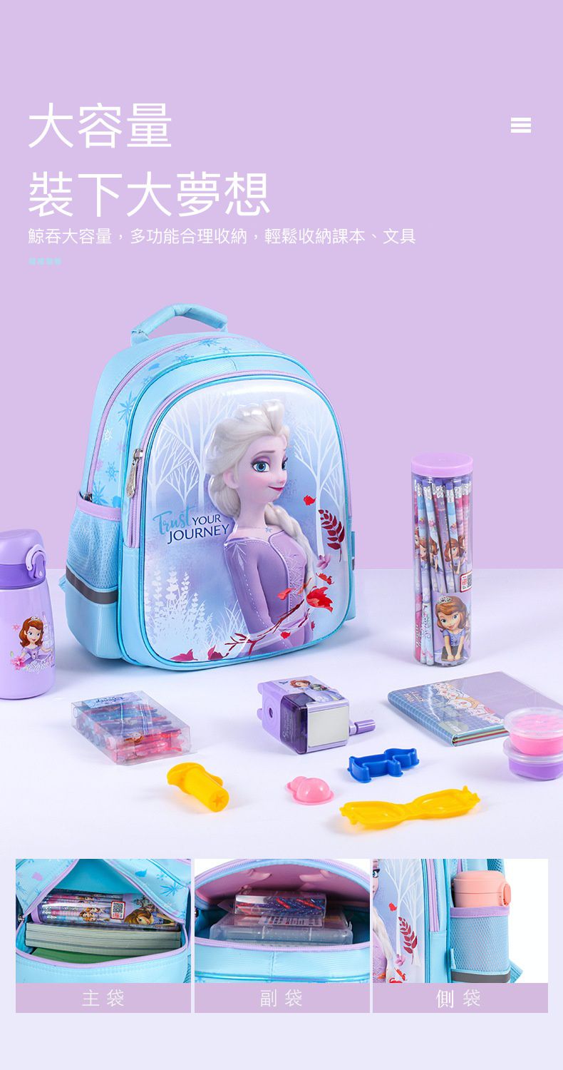 3D立體超輕量透氣減壓書包-卡通人物艾莎側臉-藍色 (建議90~120cm)-22x14x30cm