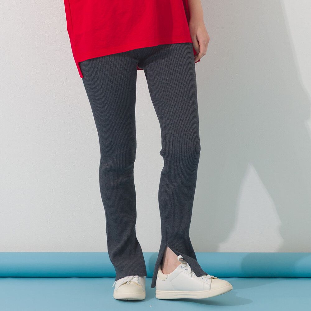 美腿羅紋側開叉合身長褲/打底褲-深灰