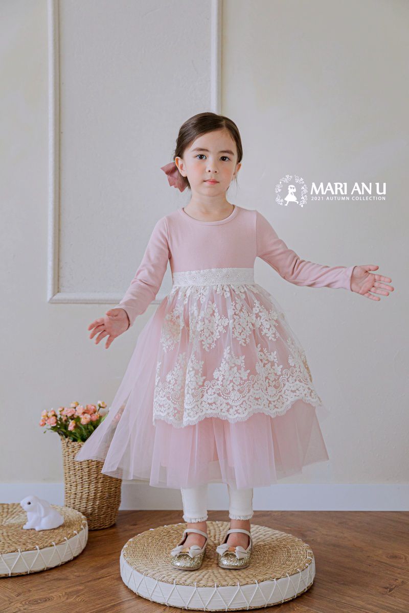 韓國 Mari an u - 透膚蕾絲裝飾網紗韓服-米白X粉紅