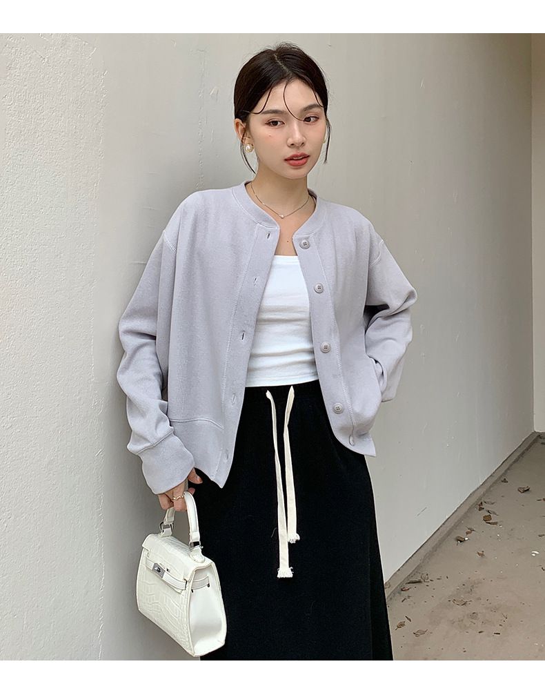 小香風圓領排釦開衫外套-灰色