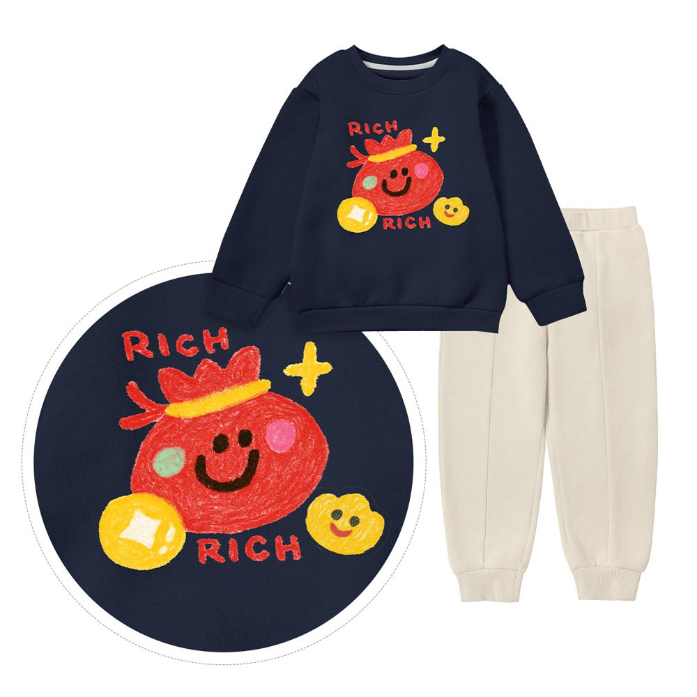 內刷絨長袖上衣+長褲套裝-錢袋滿滿-藏青x杏