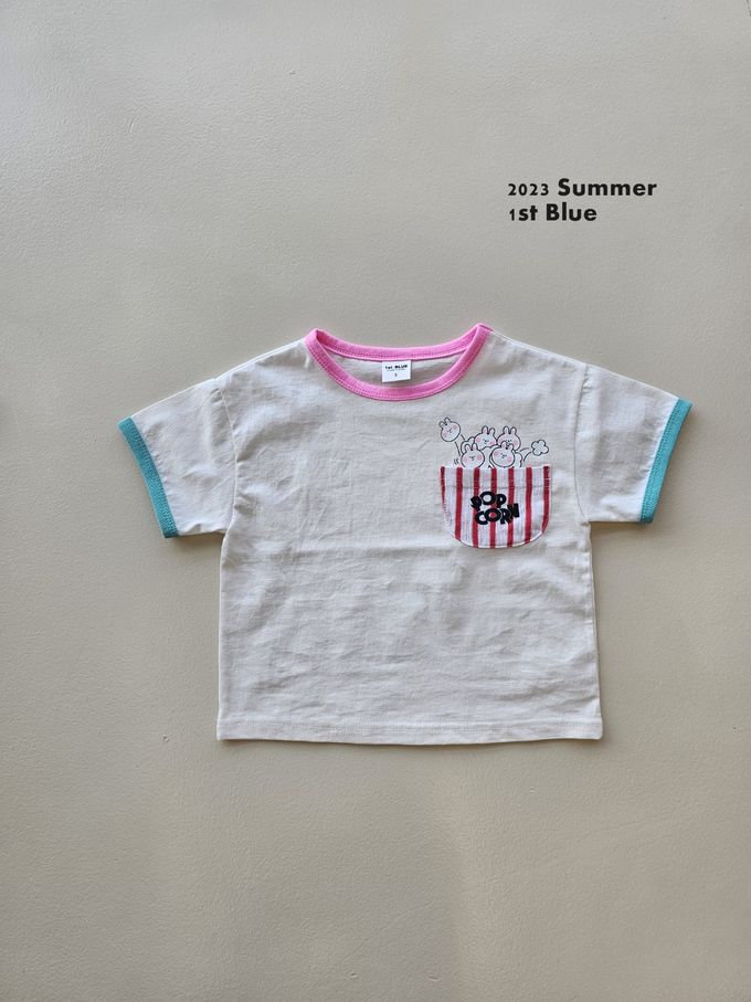 韓國 First Blue - 圓領純棉口袋短袖上衣-爆米花兔兔-黑X綠X黃