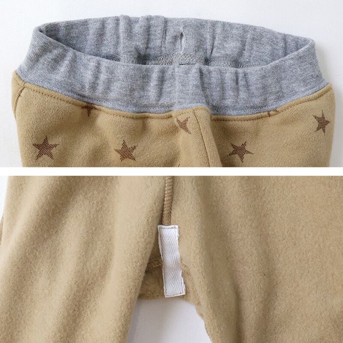 日本 ZOOLAND - 熊耳口袋滿版星星裏毛長褲-卡其