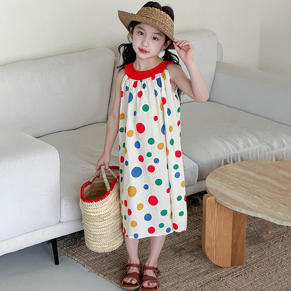 撞色露背無袖中長版洋裝-彩色點點-米白