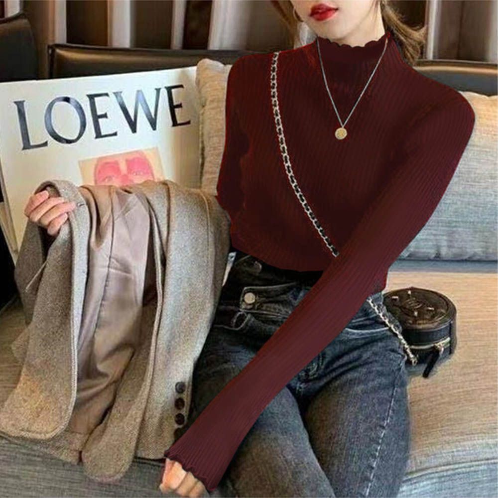 甜美木耳立領羅紋長袖上衣-酒紅