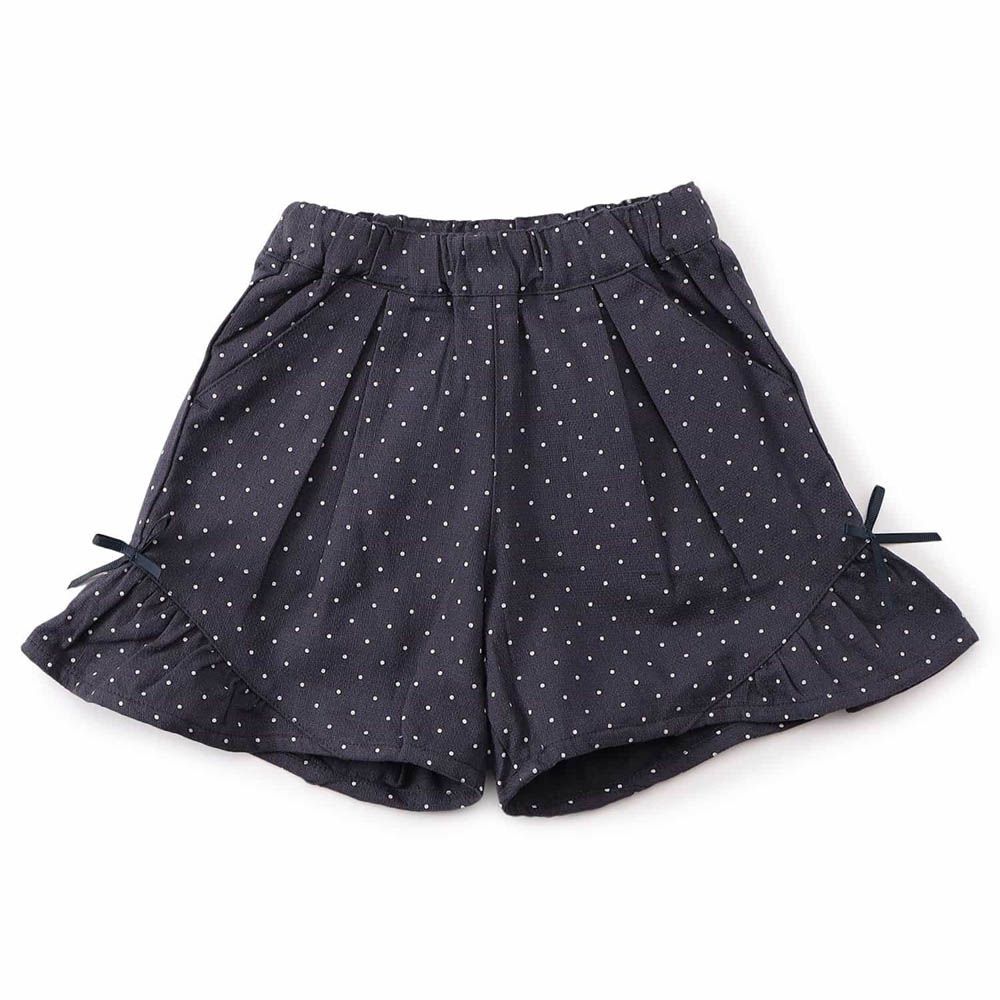二側可愛蝴蝶結寬擺短褲-點點-海軍藍