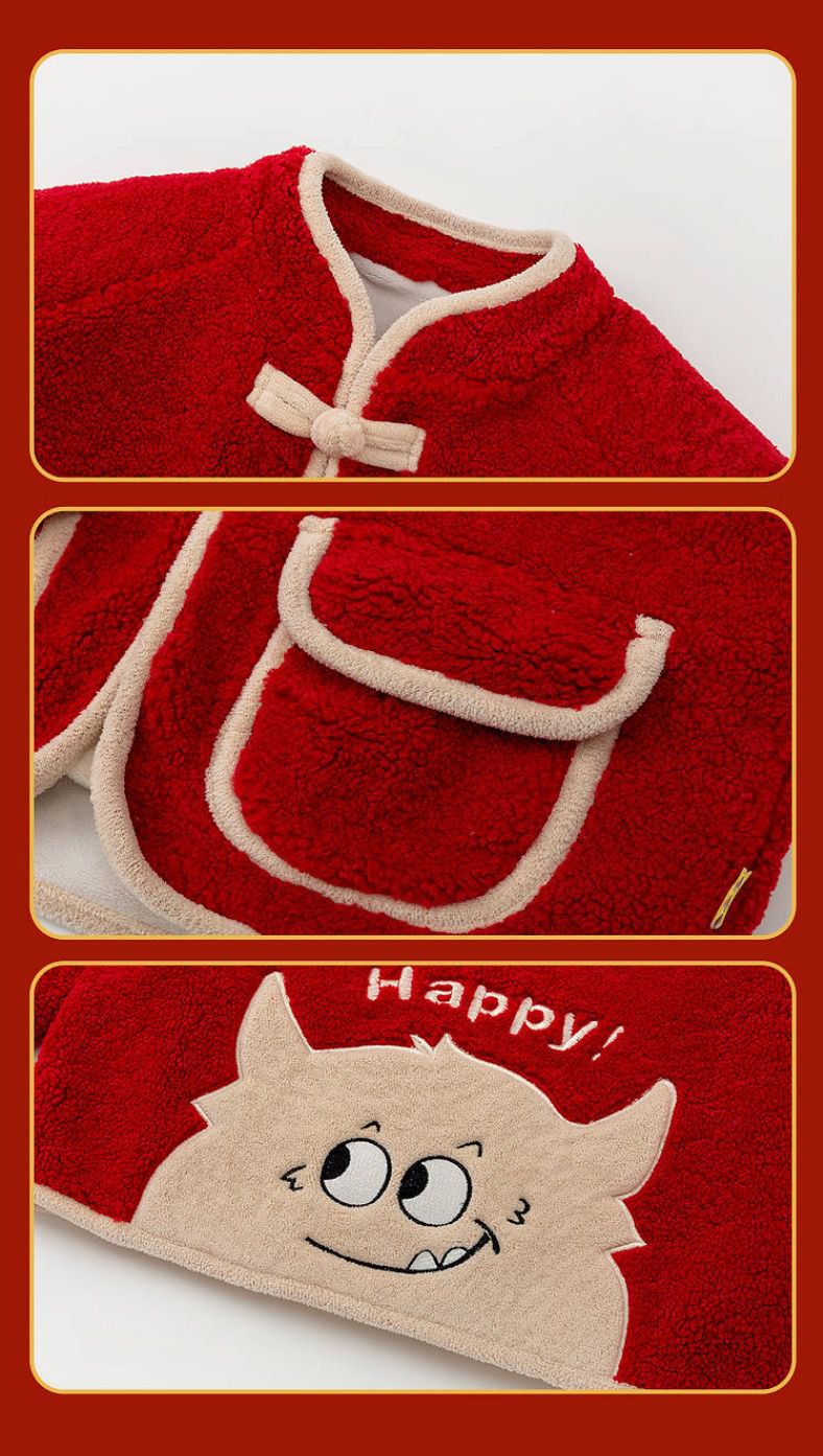 喜氣拜年加絨暖暖盤釦外套-福氣小標籤-杏色