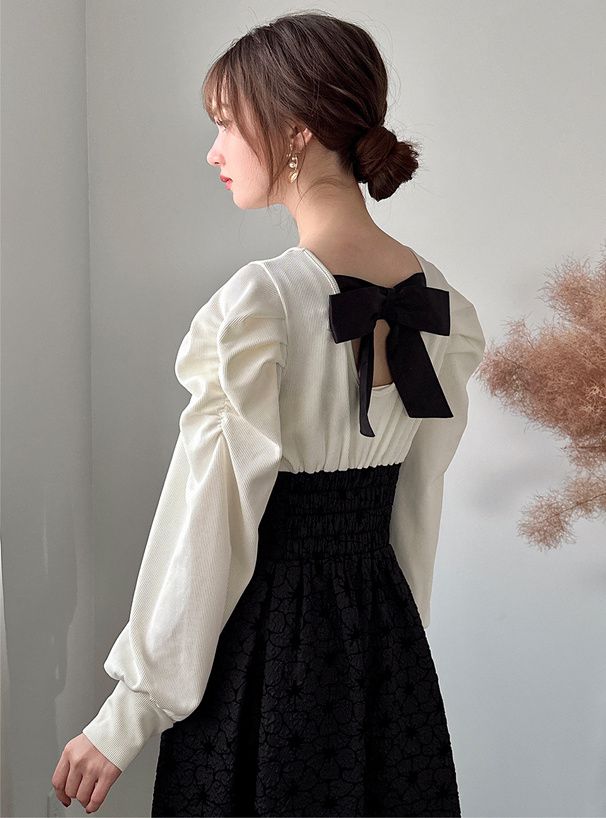 日本 GRL - 絕對優雅緹花拼接後綁帶洋裝-黑x白