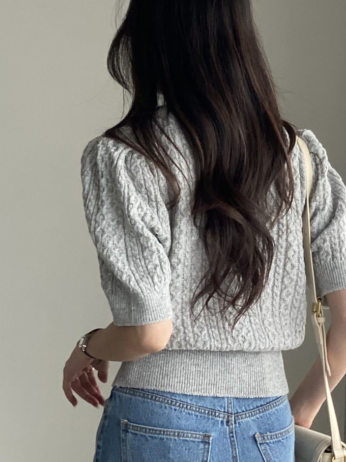 韓國女裝連線 - 麻花辮編織五分袖針織上衣-淺灰 (FREE)