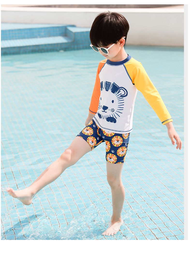 男寶短袖連身泳裝-Q萌獅子-橘+白+黃