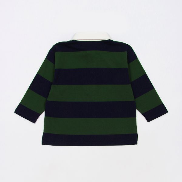 日本 petit main - 美式足球風氣質長袖POLO衫-刺繡小熊-黑米杏