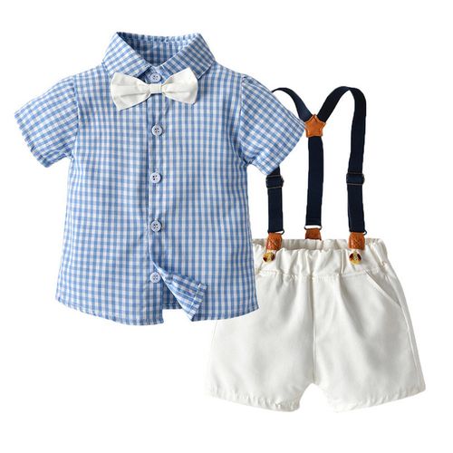 TemDoger - 小紳士格紋短袖襯衫套裝-兄妹裝(背帶款)-藍+白