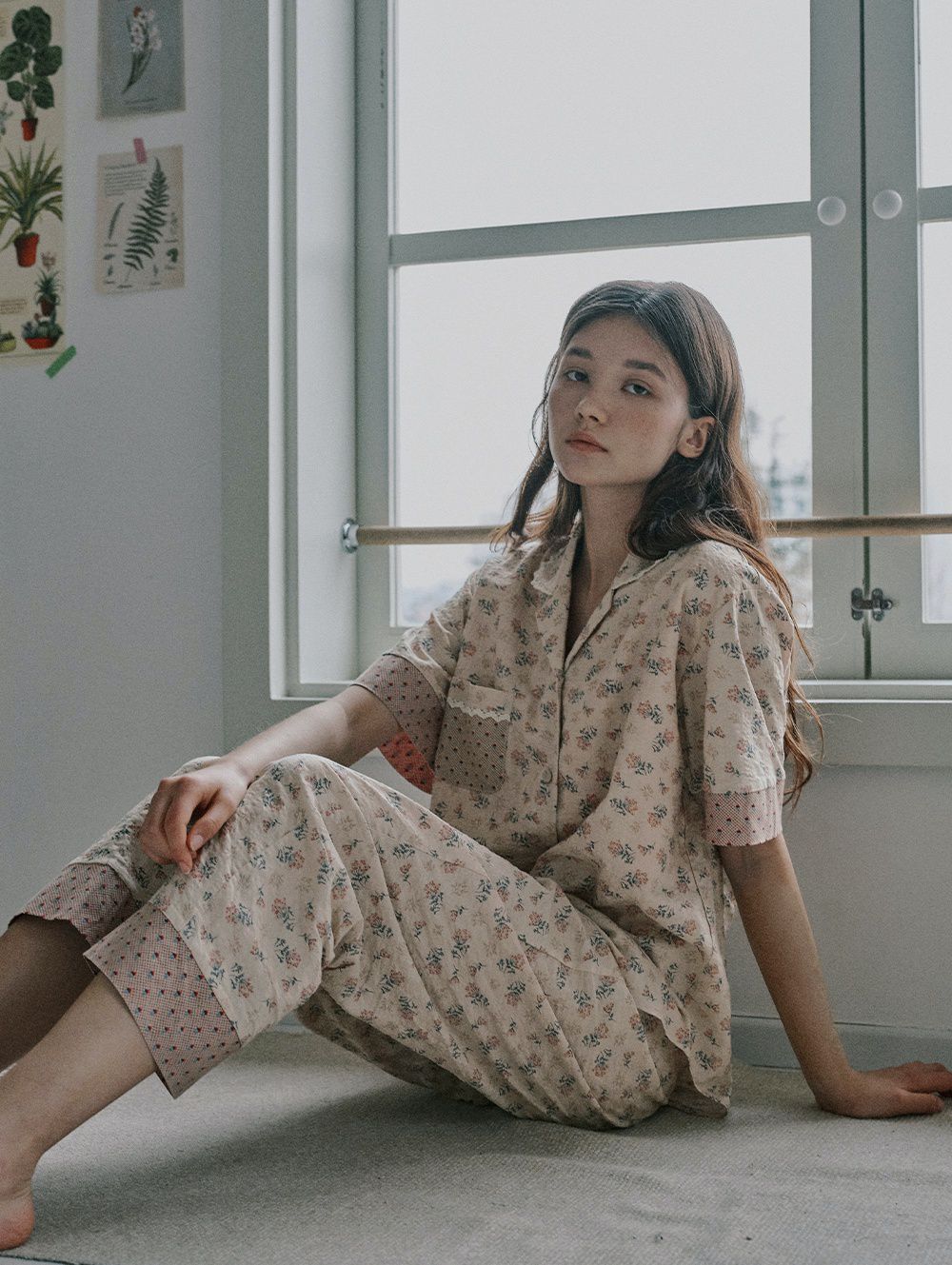 韓國 ULLALA - 復古碎花長褲睡衣(兩件式) (FREE)