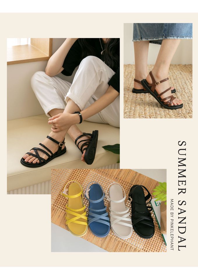 韓國 PINKELEPHANT - 交叉細帶編繩軟底涼鞋(2.5cm)-黑