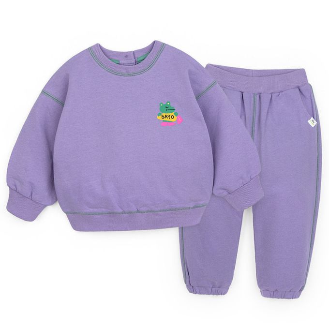 韓國 Pimpollo - 胸前鱷魚點綴圓領長袖套裝-粉橘