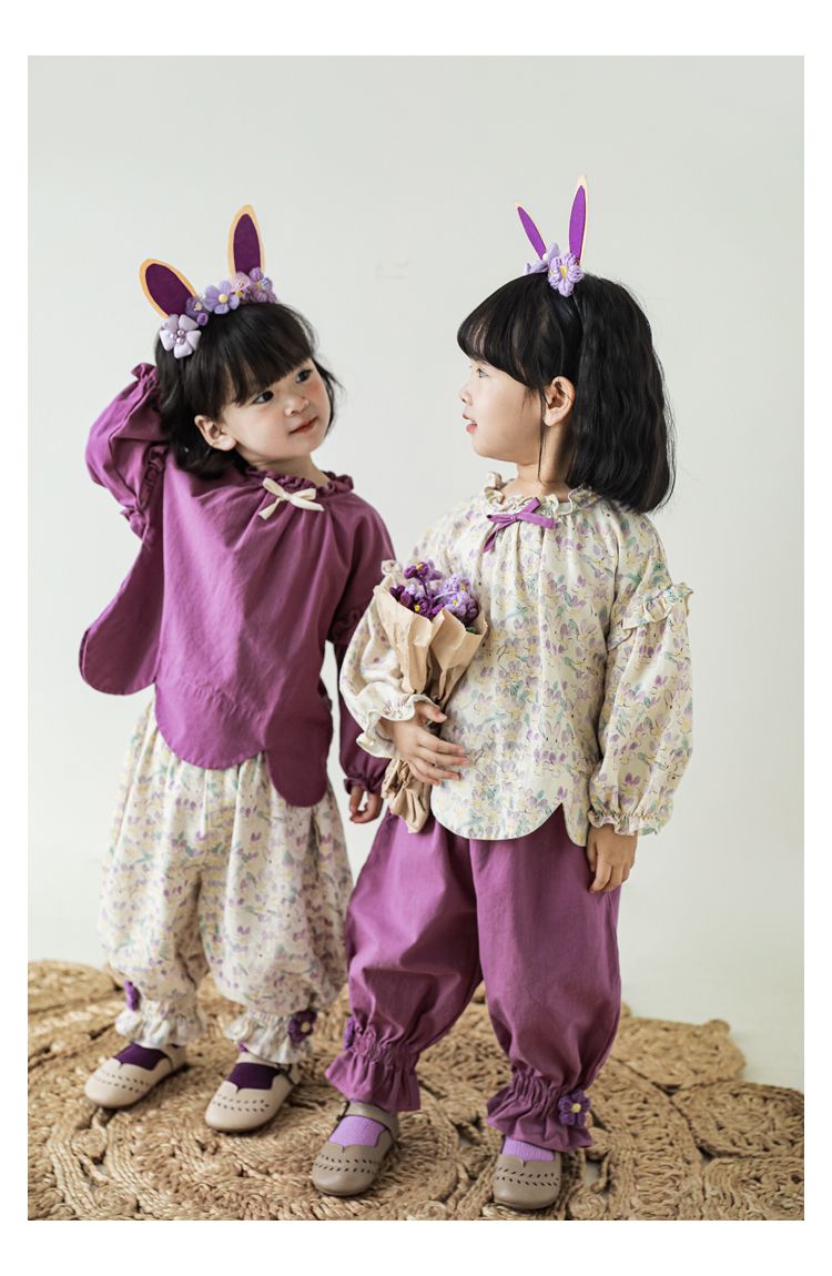 腰鬆緊束口花苞長褲-兔子與花-杏色