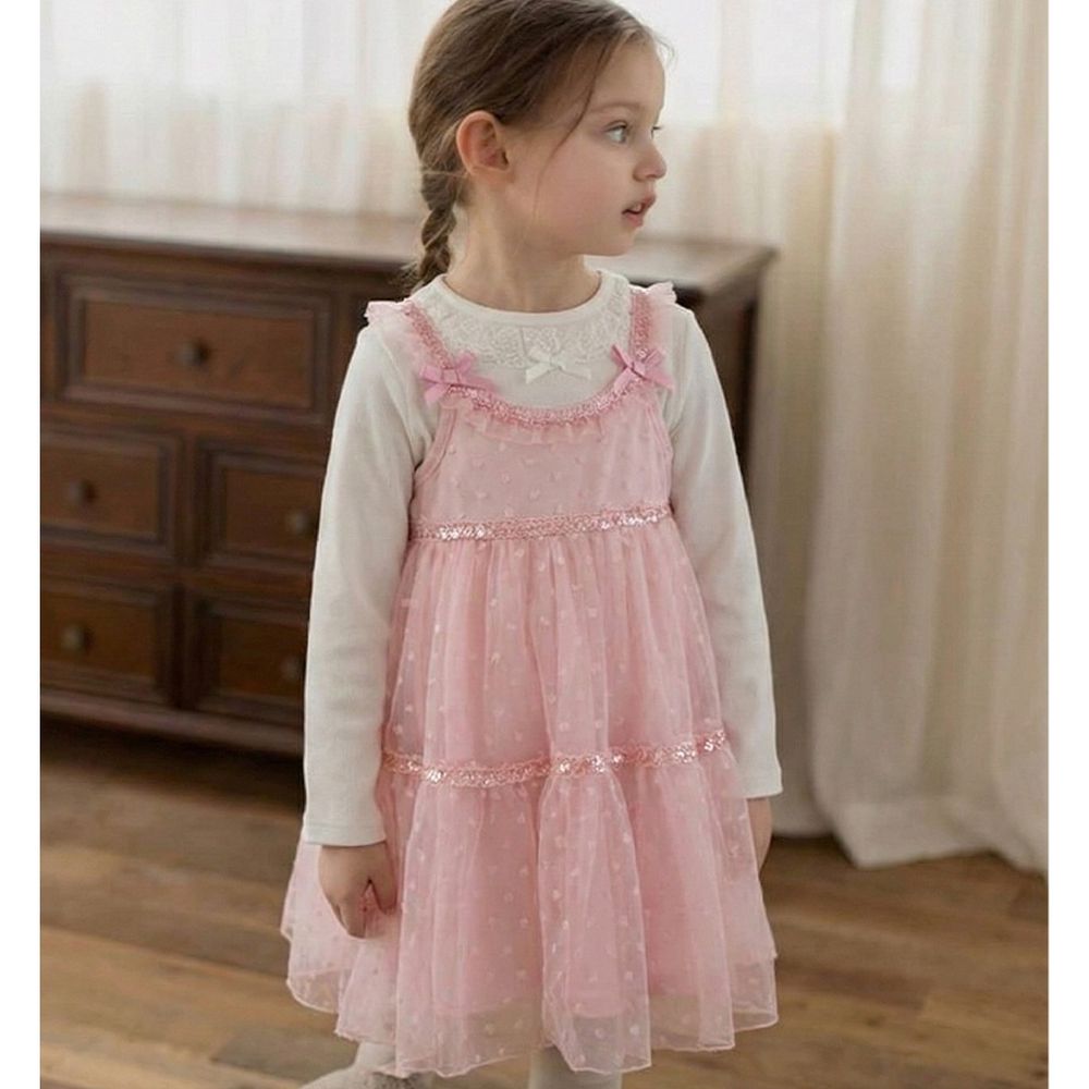 粉嫩愛心網紗亮片拼接細肩帶洋裝-粉