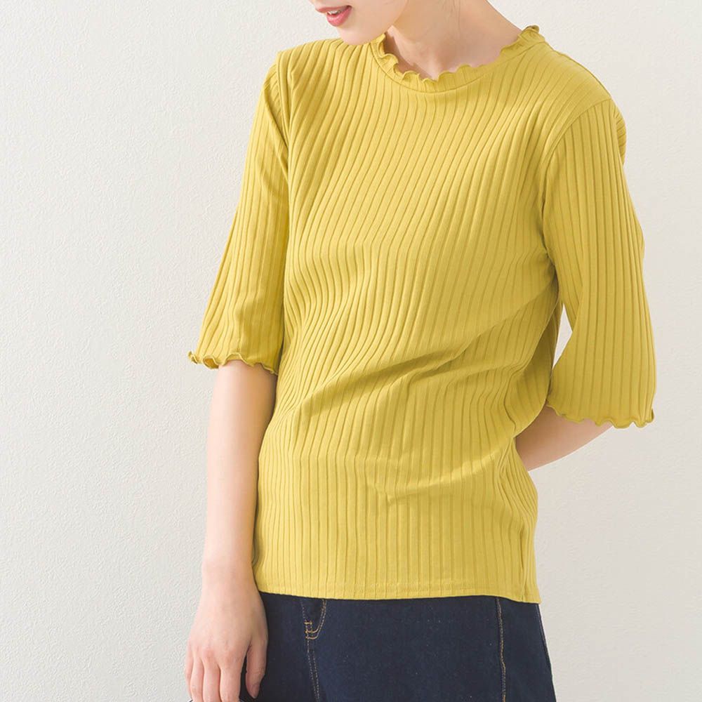 輕盈木耳邊合身羅紋短袖上衣-黃