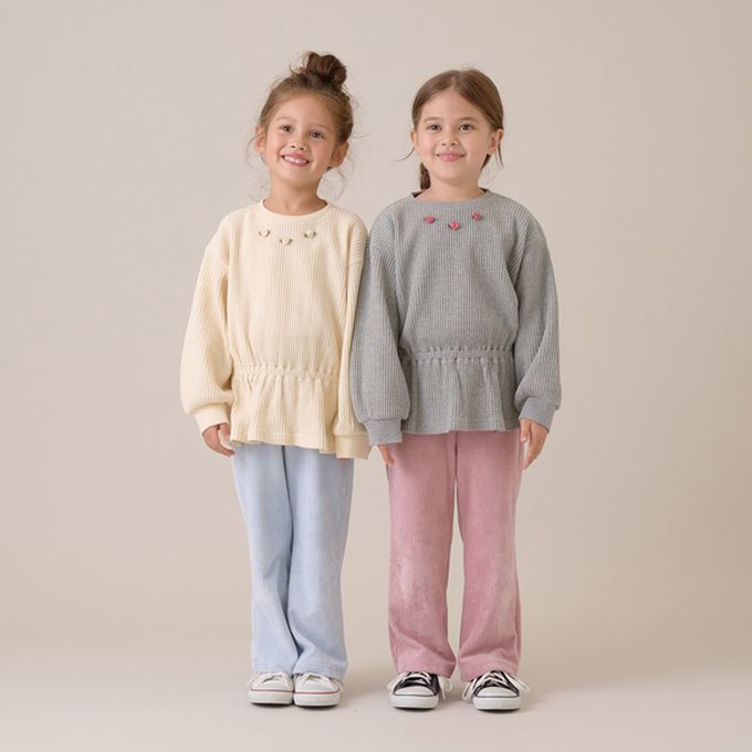 日本 Lycee mine - 華夫格領口小花束腰長袖上衣-淺藍