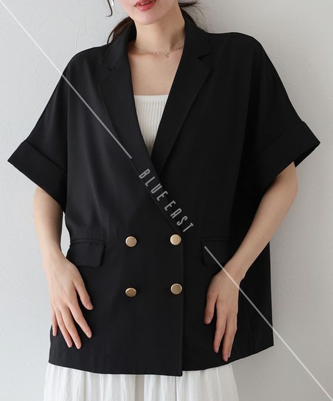 日本 BLUE EAST - 亞麻感氣質金釦短袖西裝外套-黑