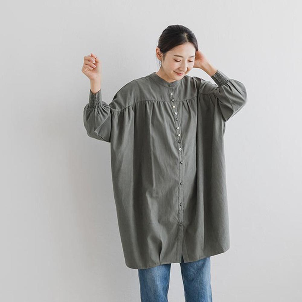 日本 ihuu - 文藝少女排扣長版襯衫-灰綠