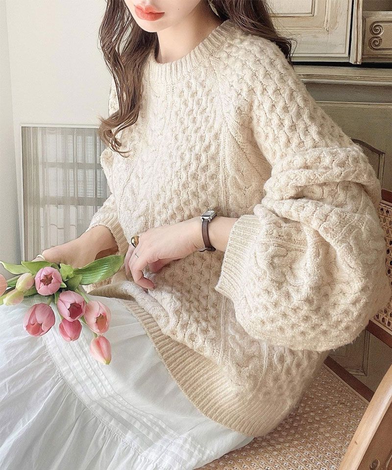 日本 Classical Elf - 百搭粗麻花編織落肩毛衣-草綠