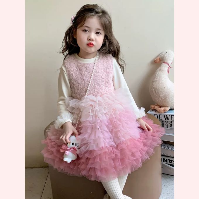 新年生日甜美漸層馬卡龍粉蛋糕網紗裙洋裝