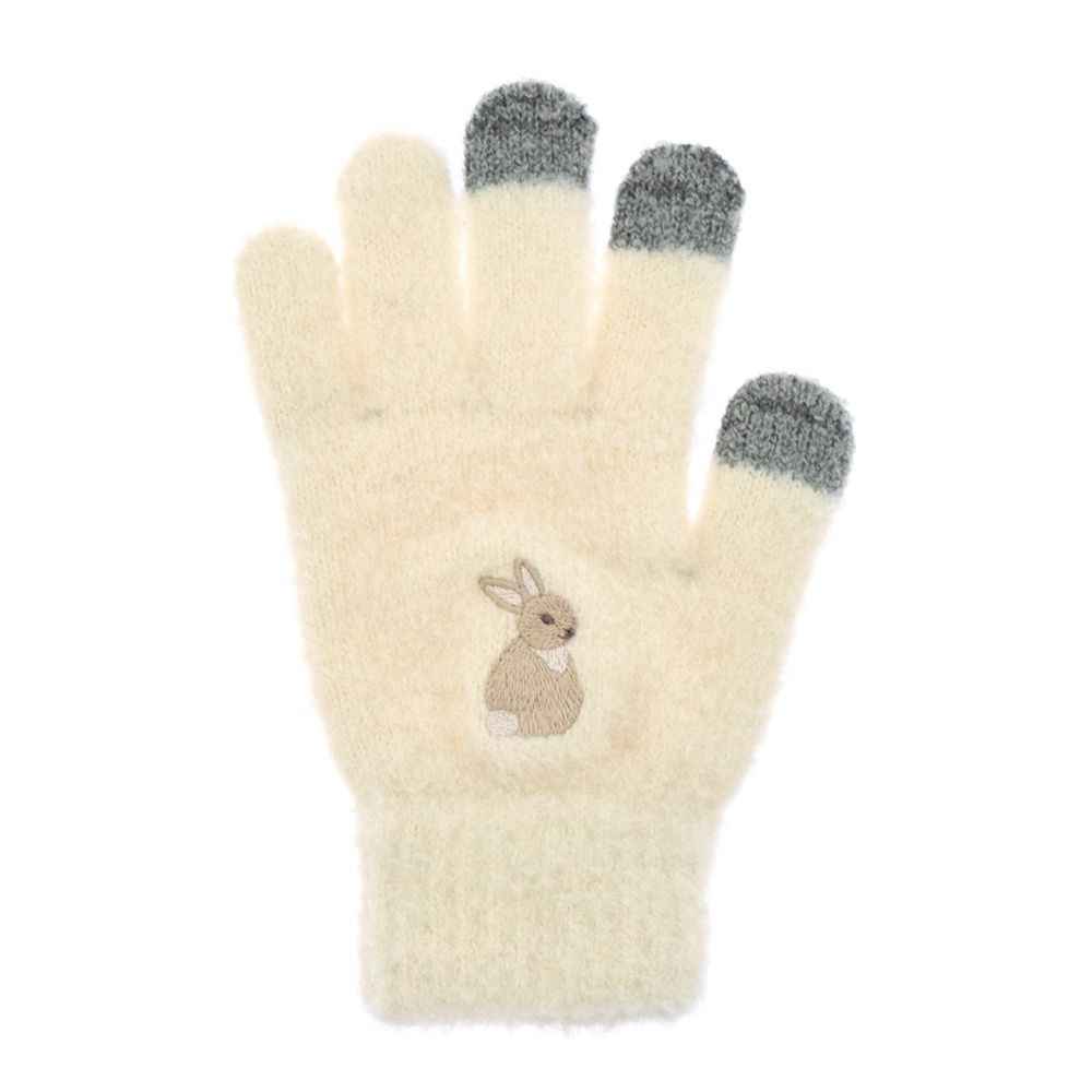 日本 TOMO - (大人)可觸控可愛動物毛絨保暖手套-小灰兔-米