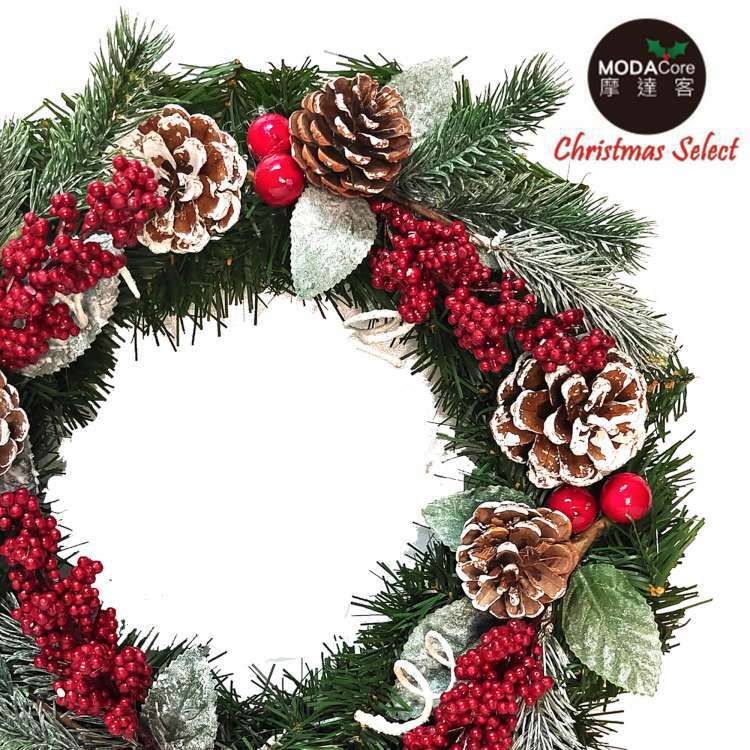 MODACore 摩達客 - 摩達客耶誕-台製歐式優雅14吋冬雪系小紅莓刷白松果質感聖誕花圈_福臨圈(免組裝/台灣設計手工藝製) 本島免運費