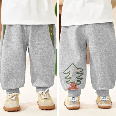 CUTEPANDA'S - 腰鬆緊運動休閒長褲-前拼色後印花-麻灰色