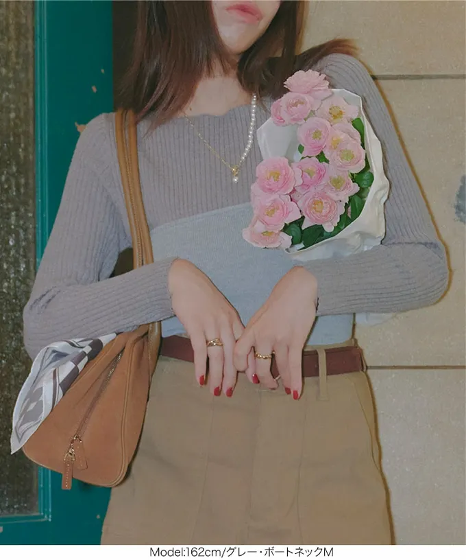 日本 Kobe Lettuce - [定番]優美羅紋合身針織上衣(可選領)-葡萄紫