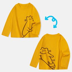 BE TOP - 純棉圓領薄長袖上衣-貓咪玩耍-黃色