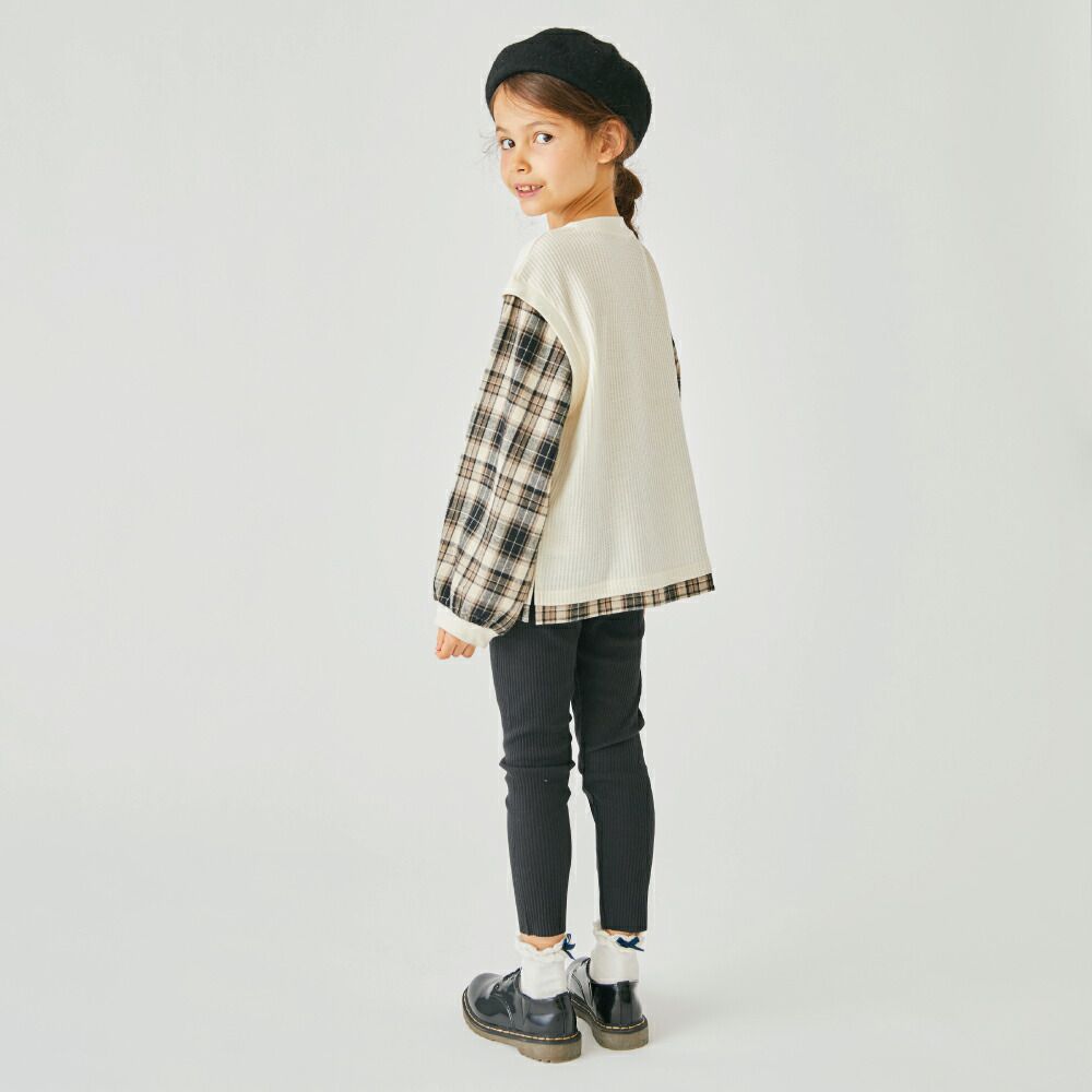 日本 evercloset - 格紋拼接華夫格長袖上衣-薄荷