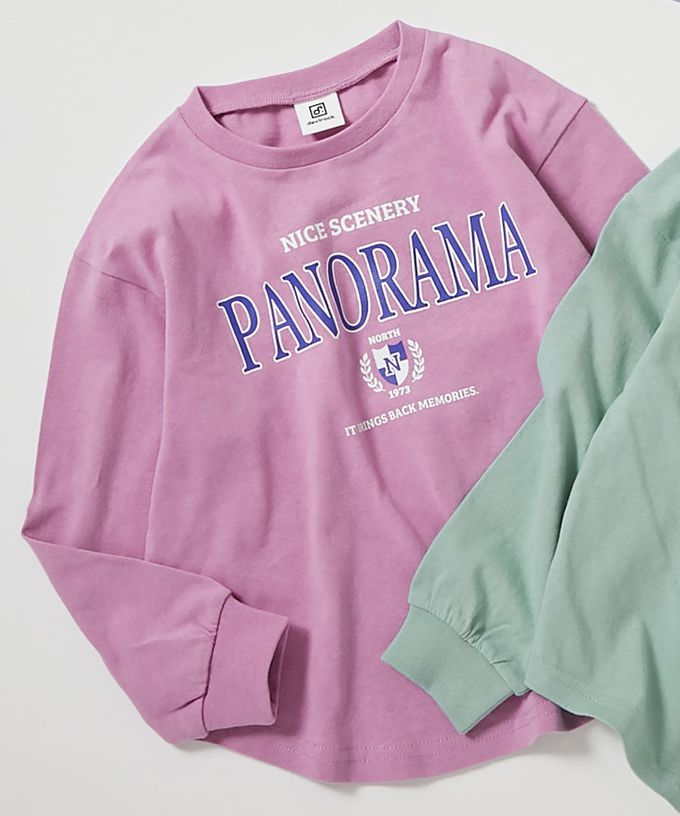 日本 devirock - 100%棉 女孩印花圓弧長袖上衣-英文logo-桃粉